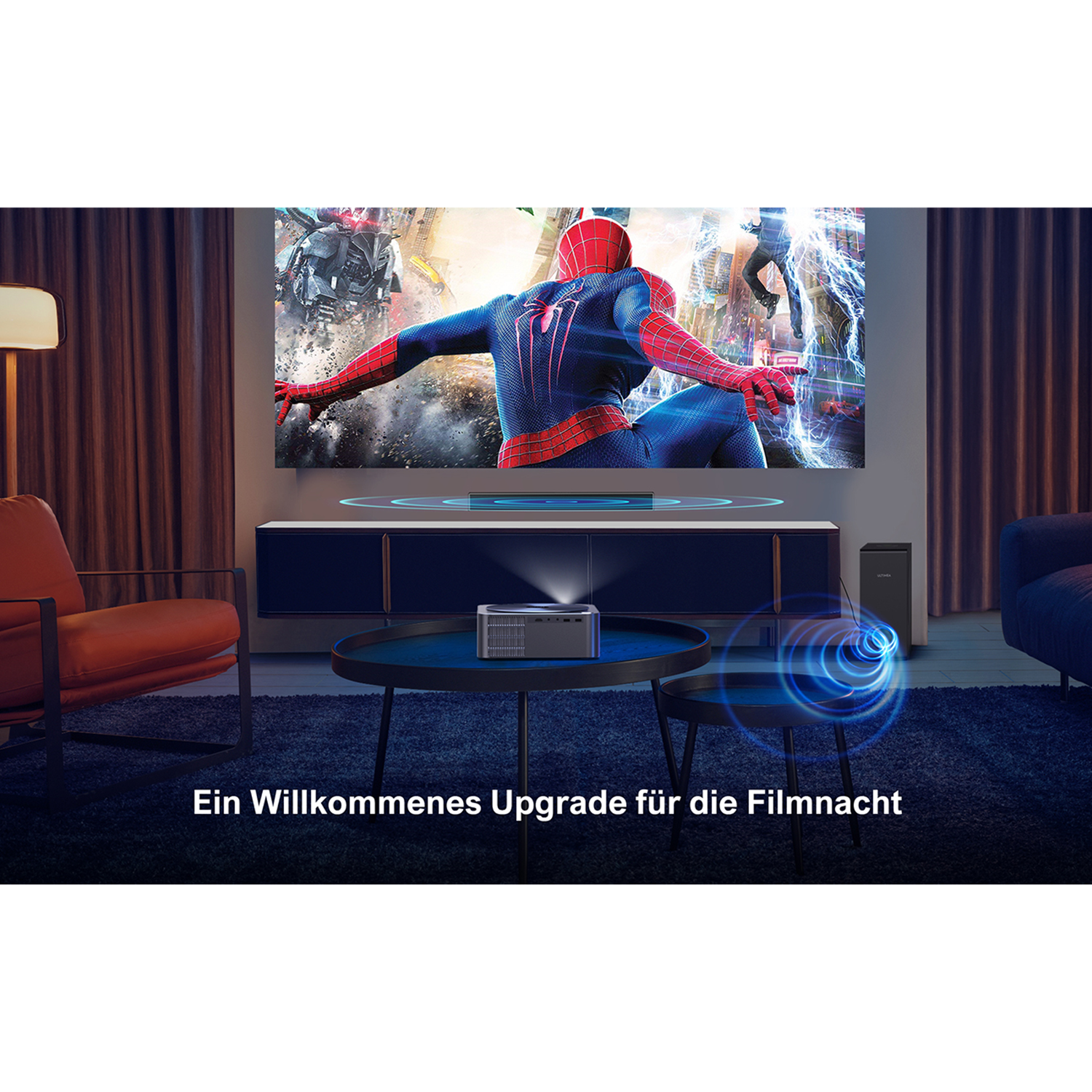 Ein Projektor auf einem Tisch, der einen Film auf eine Wand projiziert, mit Text.