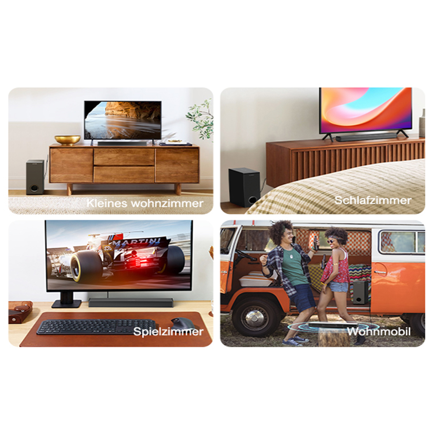 Vier Bilder mit Fernsehern und Soundbars in verschiedenen Umgebungen: Wohnzimmer, Schlafzimmer, Spielzimmer und Van.