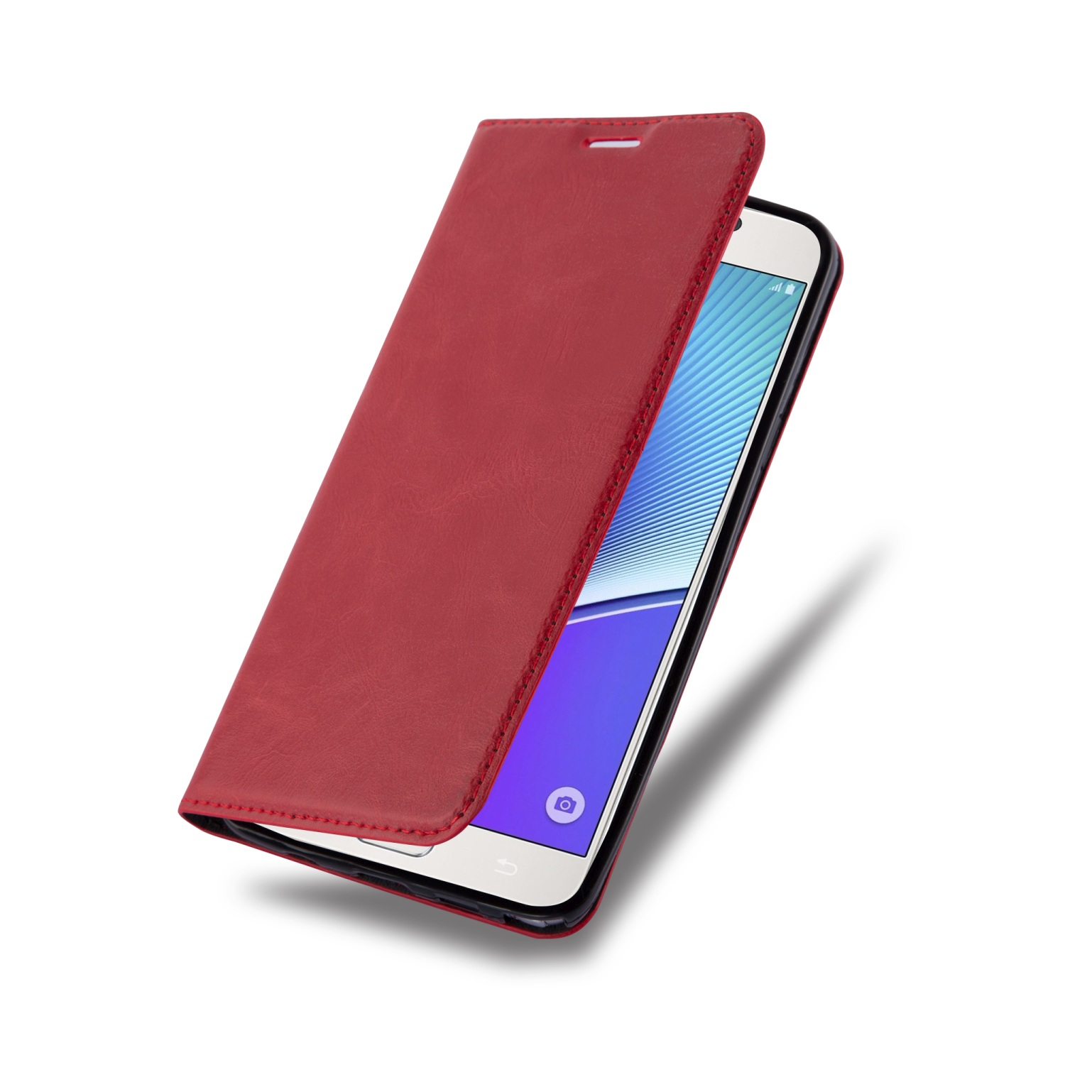 Eine rote Handyhülle mit einem teilweise geöffneten Telefon. Der Telefonbildschirm ist sichtbar.