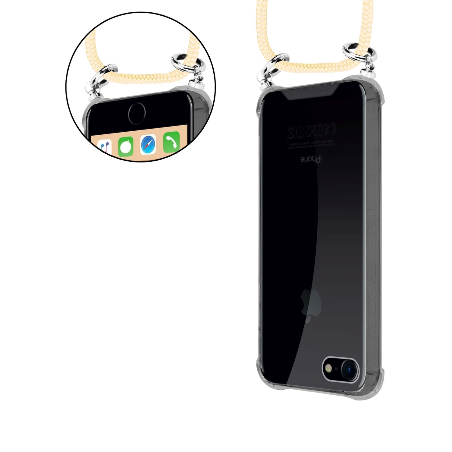 Una custodia trasparente per telefono con un cinturino attorno a un telefono, con uno sfondo bianco.