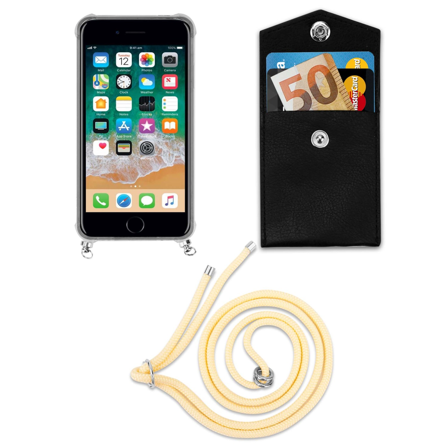 Un telefono in una custodia con un cordino e un portafoglio nero separato con carte e contanti.