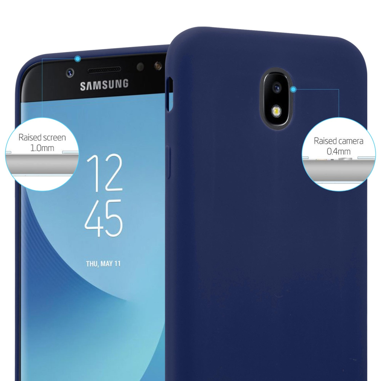 Un telefono blu e una custodia blu. Lo schermo mostra l'ora. La fotocamera e lo schermo sono evidenziati.