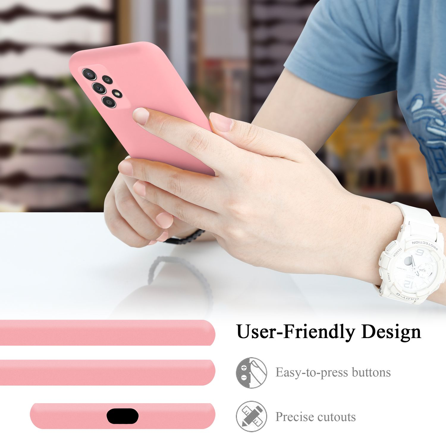 Person hält rosa Telefon. Benutzerfreundliche Tasten und präzise Aussparungen werden gezeigt.