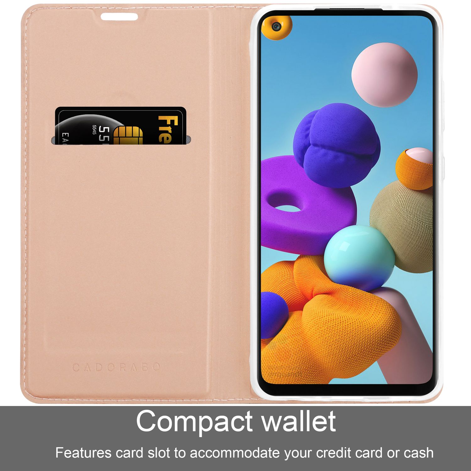 Custodia per telefono beige con uno slot per carte che contiene una carta di credito, con uno schermo del telefono che mostra forme colorate.