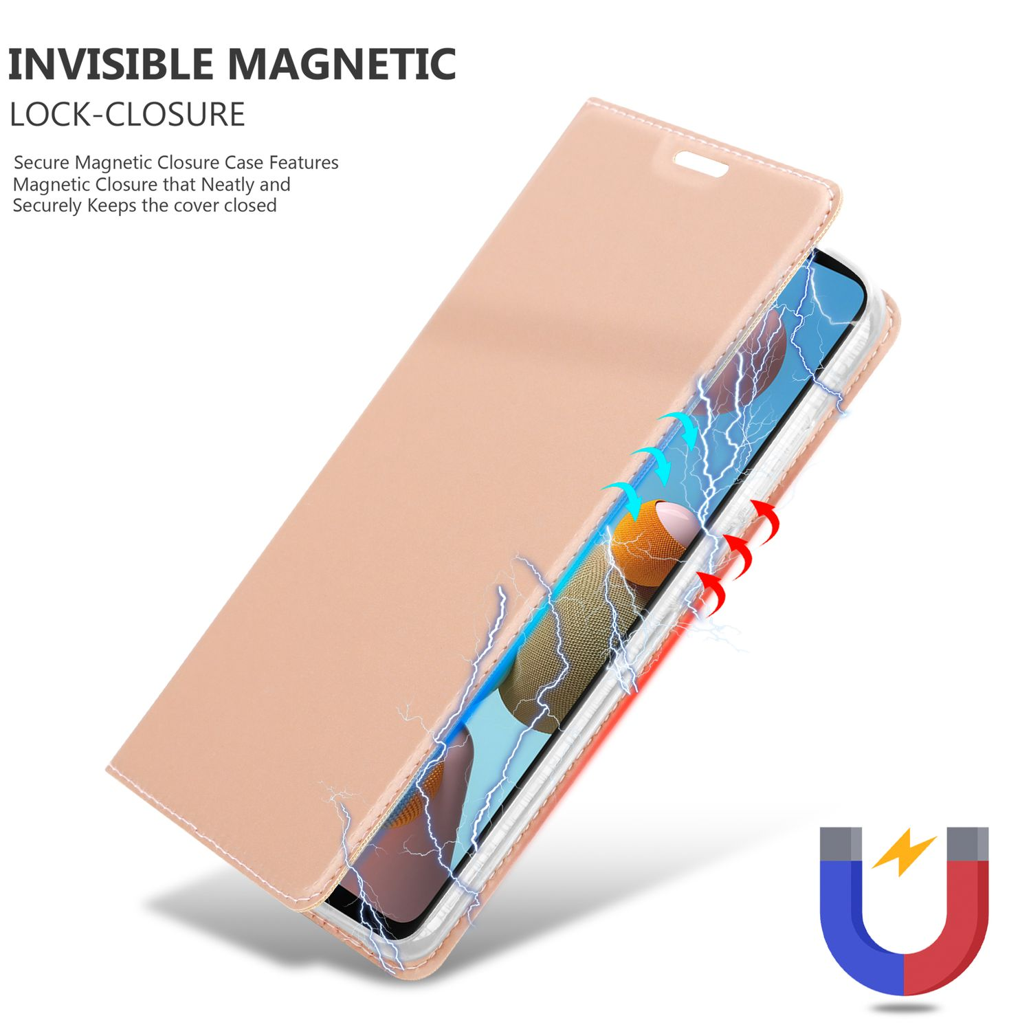Custodia per telefono color pesca aperta con fulmini e simbolo di chiusura magnetica.