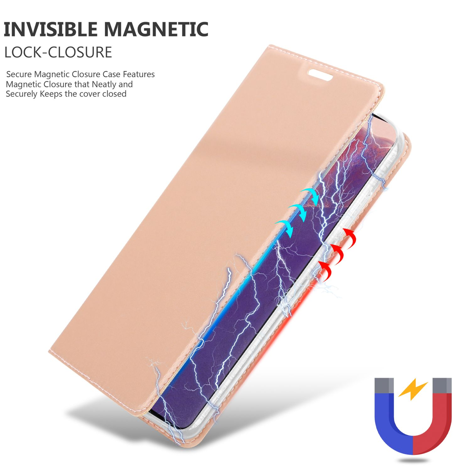 Custodia del telefono aperta, che mostra il telefono. Chiusura magnetica con frecce. Sullo sfondo, testo.