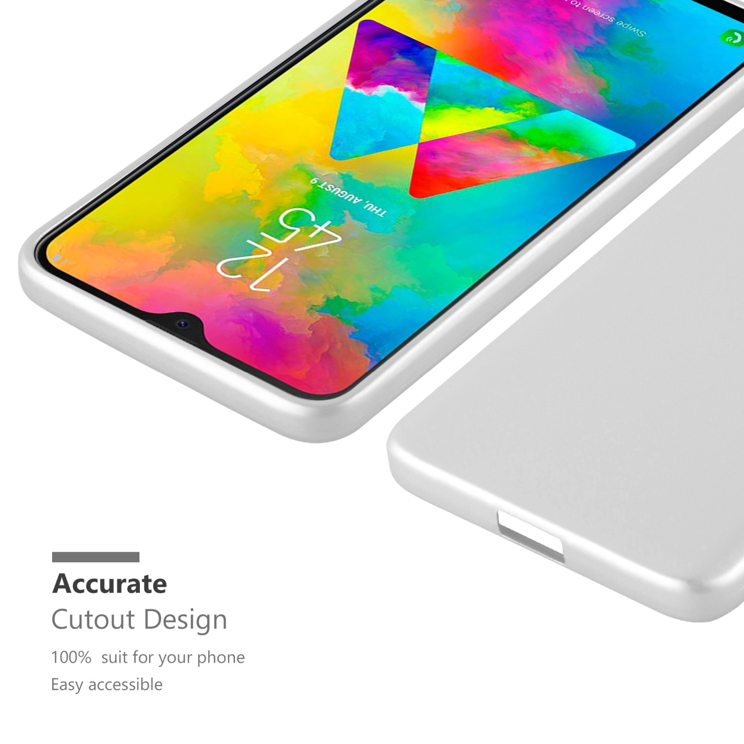 Custodia per telefono con design ritagliato. Lo schermo mostra uno sfondo colorato.