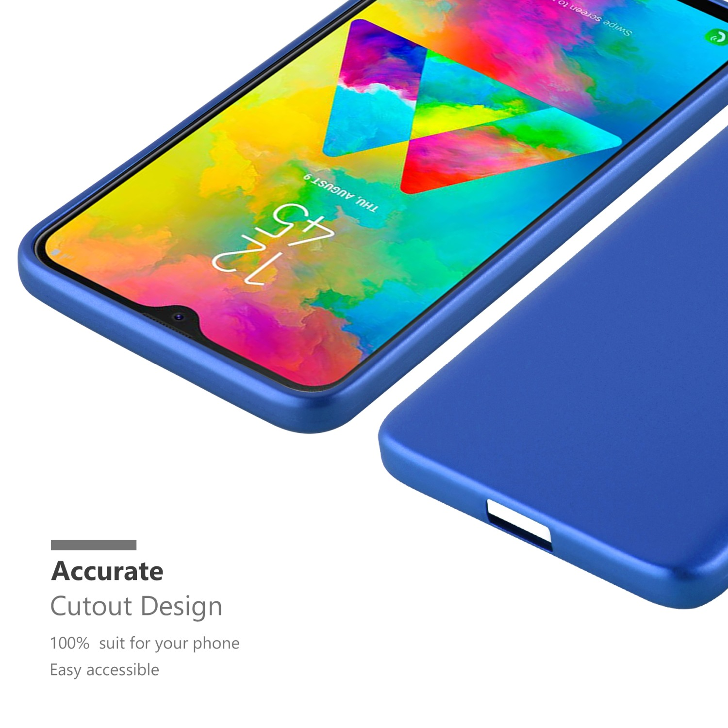 Custodia blu per telefono. Un telefono con schermo colorato è parzialmente visibile.