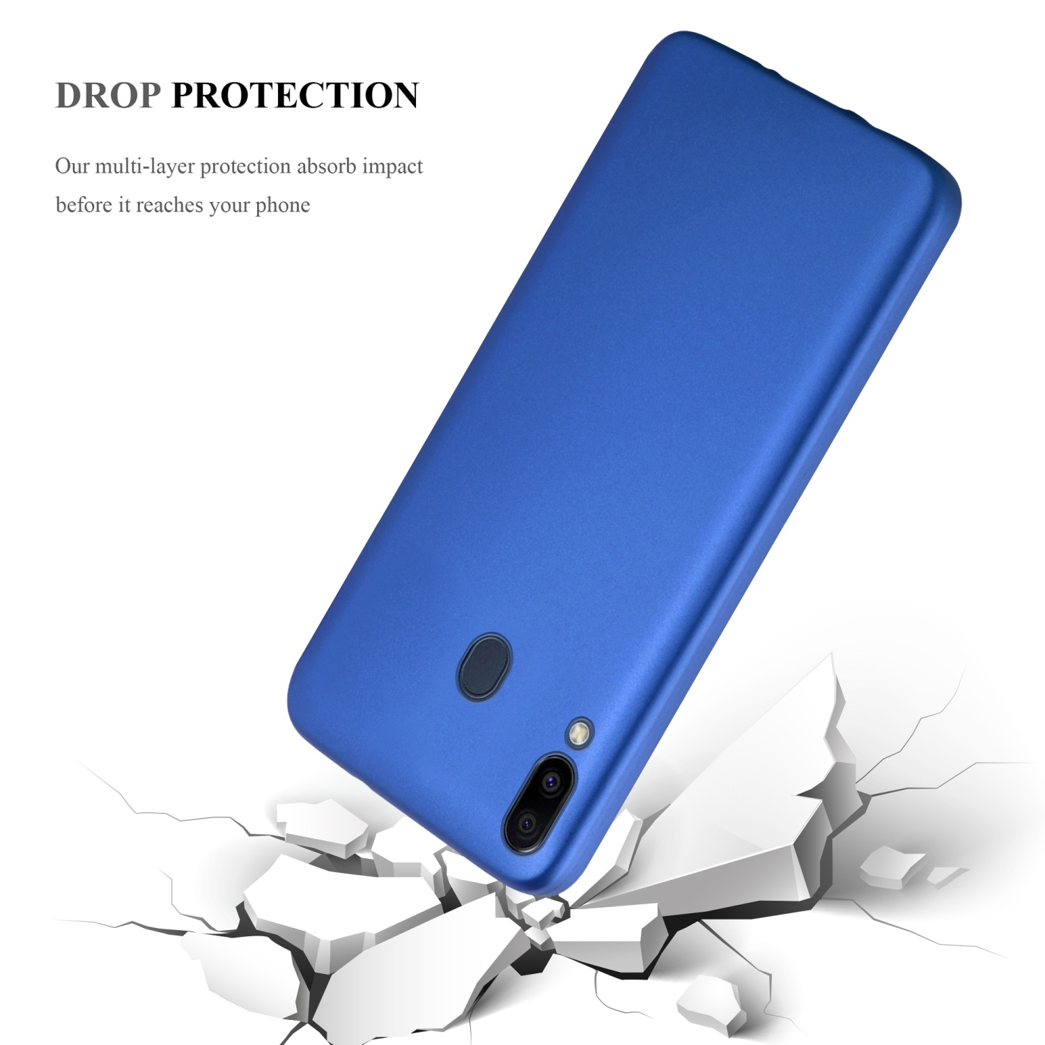 Custodia blu per telefono con telefono all'interno, su una superficie bianca con texture crepata.