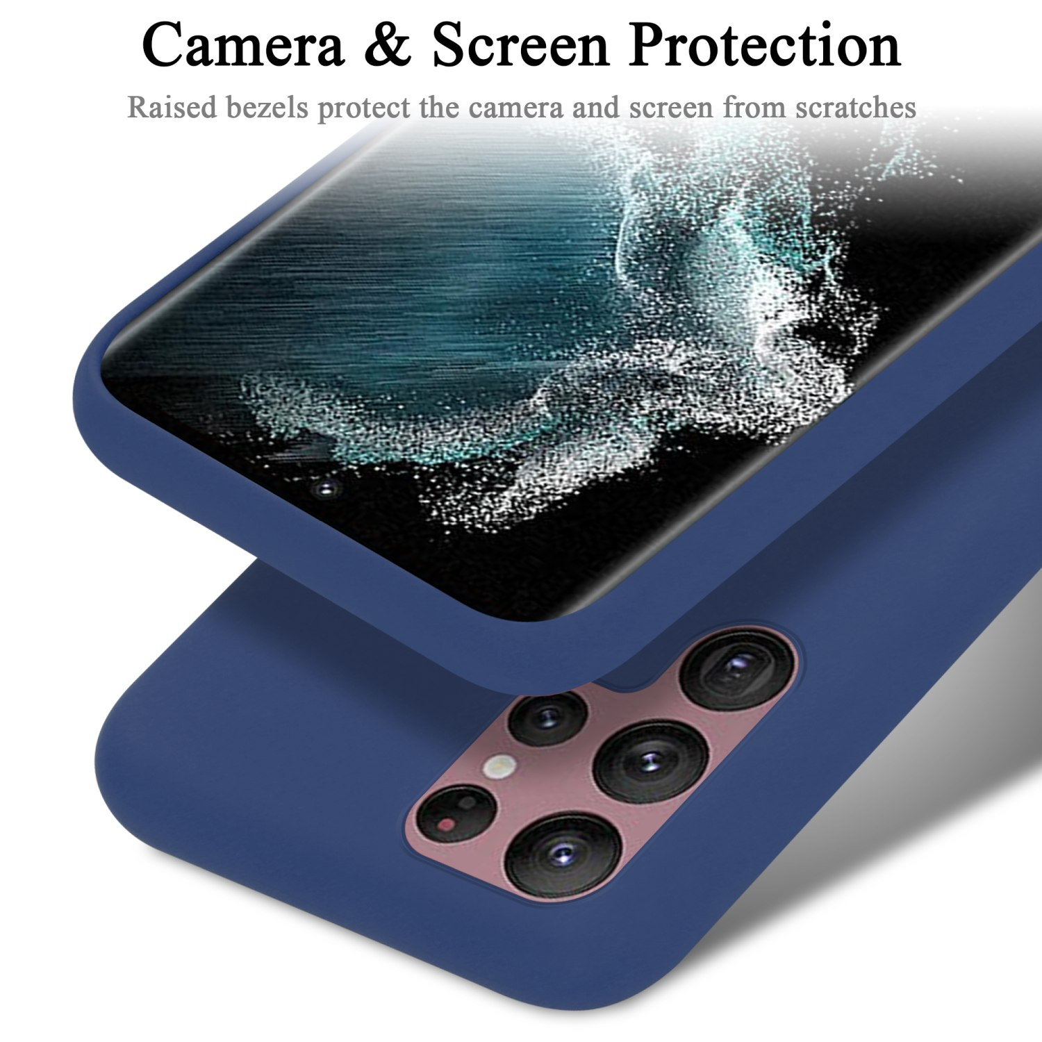 Blaue Handyhülle mit Telefon und Displayschutzfolie auf weißem Hintergrund.