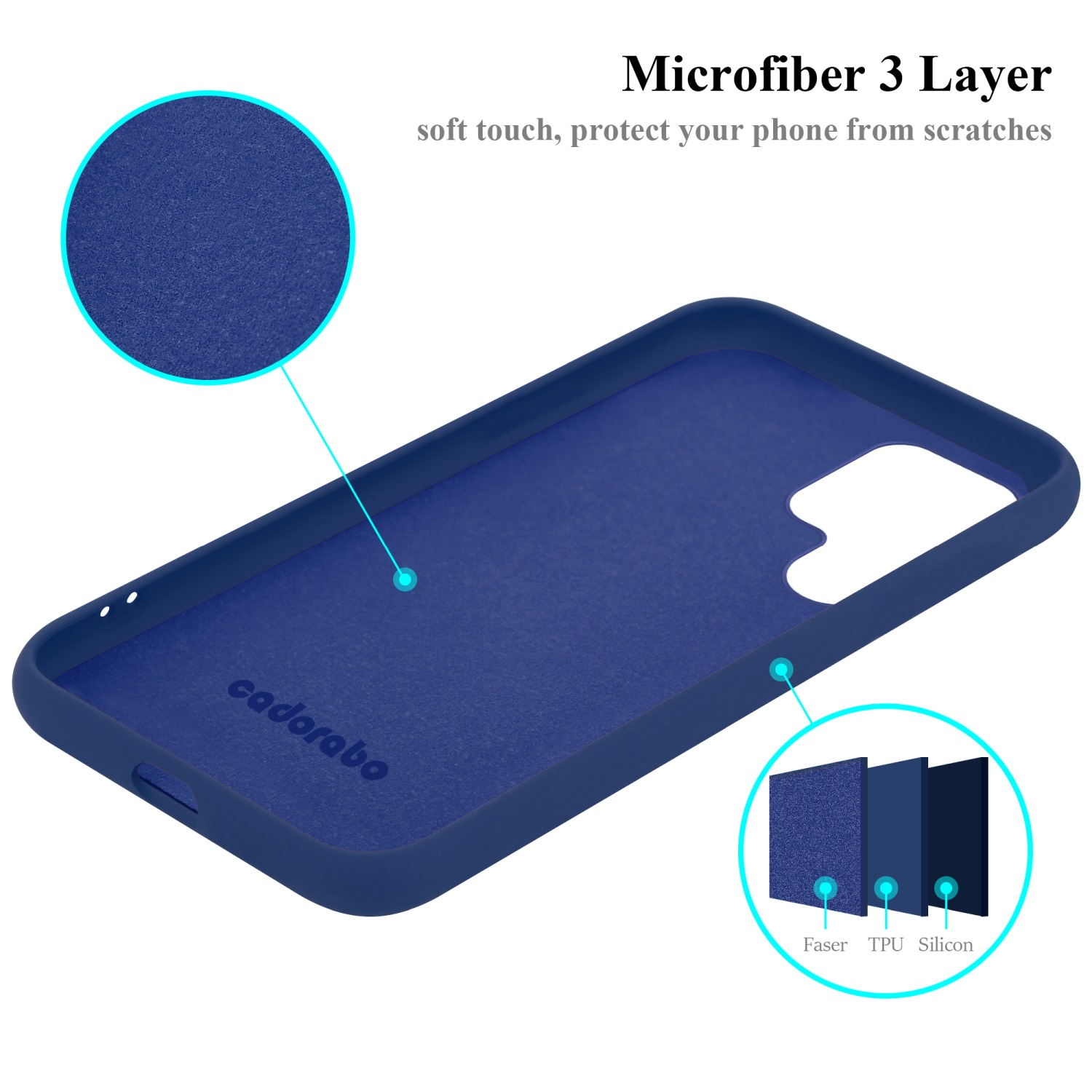 Blaues Telefongehäuse-Innenteil mit Mikrofaser 3-Schicht-Design und Logo.