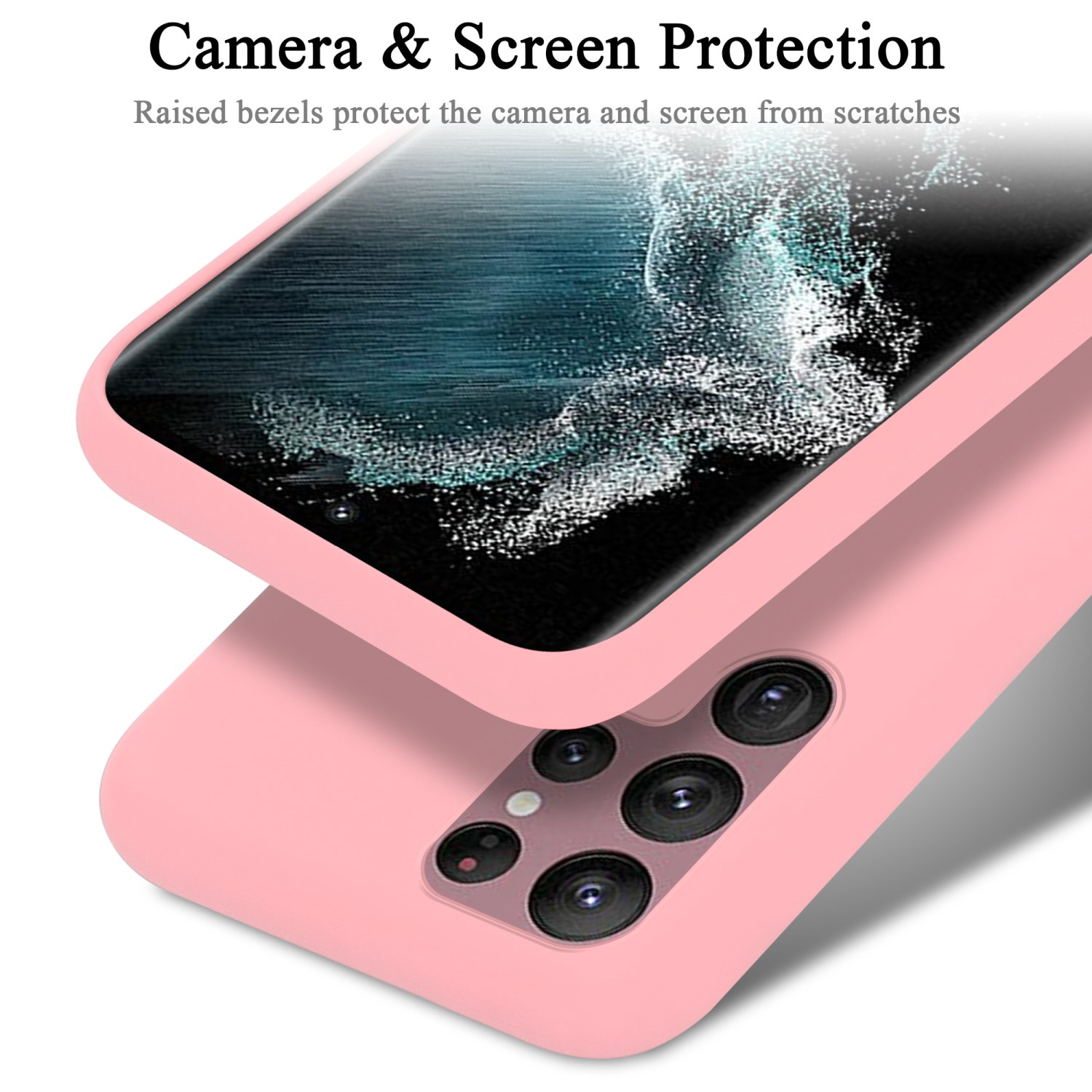 Nahaufnahme einer rosa Handyhülle, die ein Telefon schützt. Die Hülle hat einen Kameraausschnitt.
