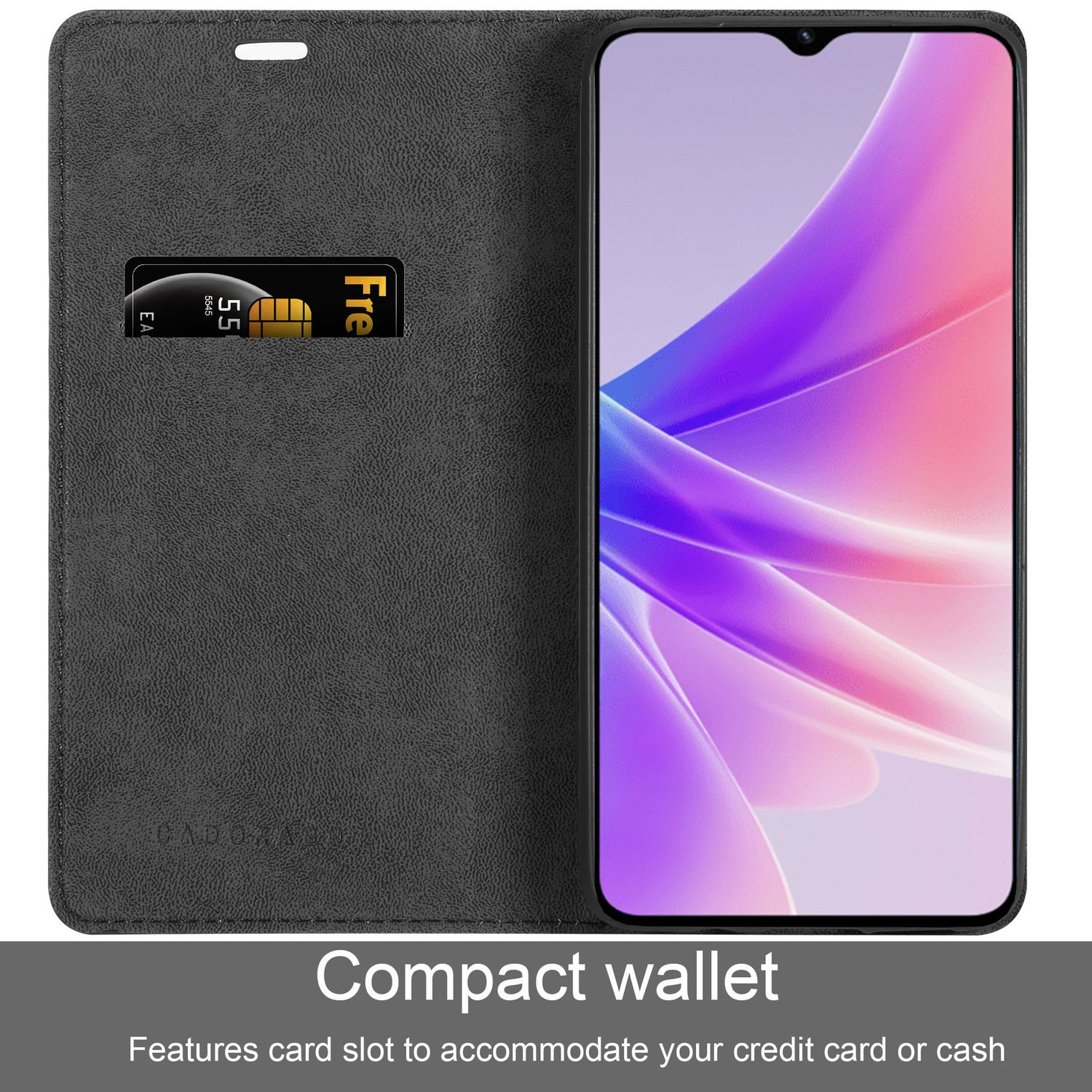 Custodia a portafoglio nera con una carta nello slot e uno schermo di smartphone a destra.