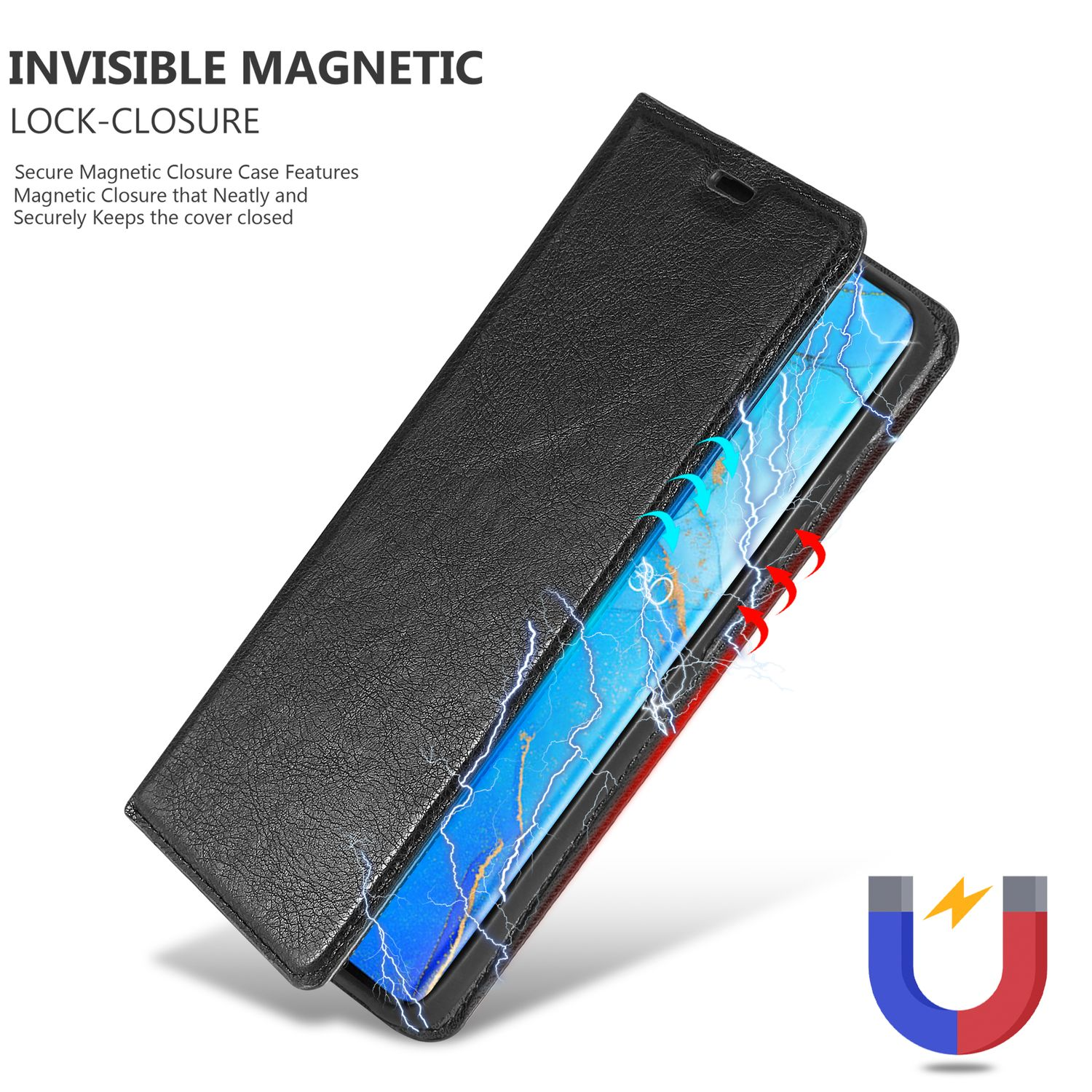 Custodia per telefono in pelle nera con telefono all'interno. Chiusura magnetica evidenziata con frecce.