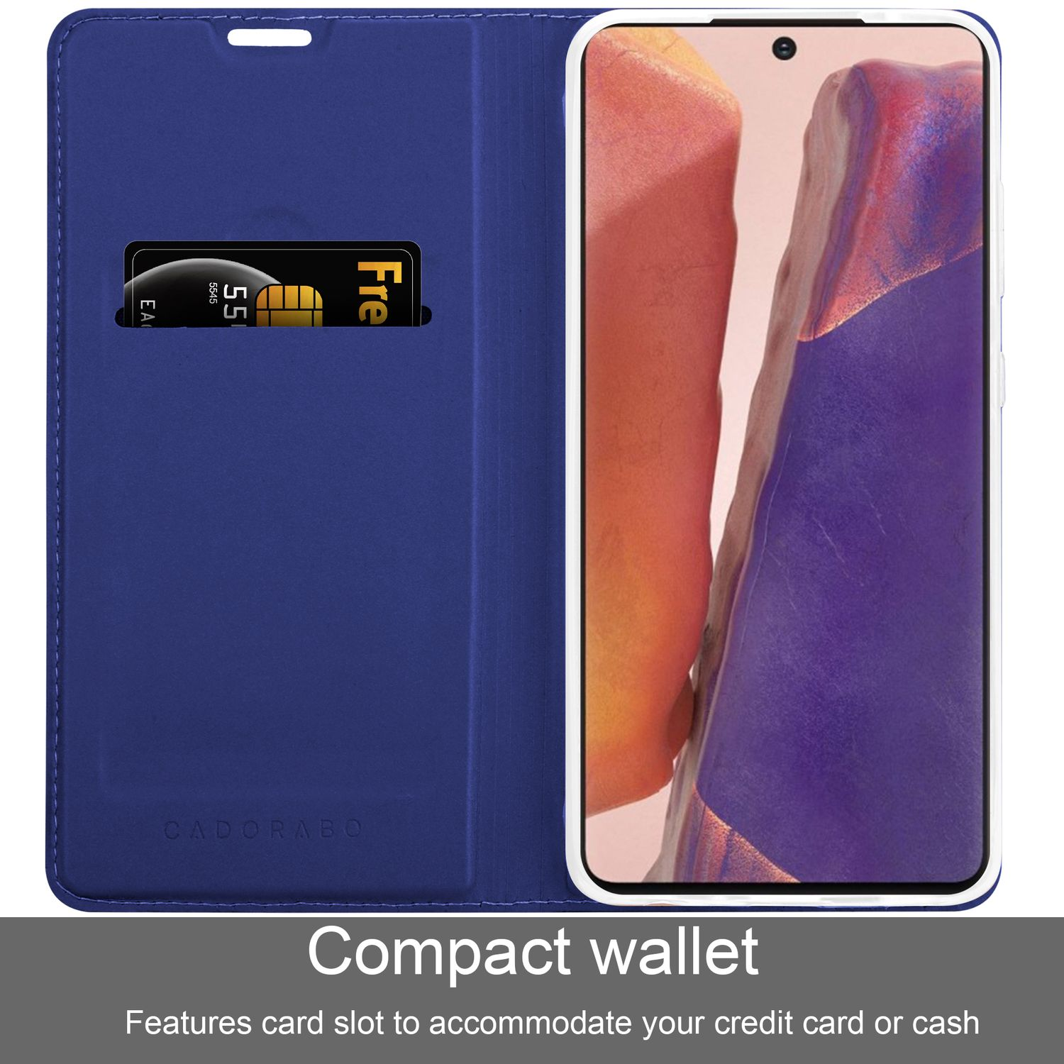 Custodia per telefono blu con fessura per carte di credito. Telefono visibile all'interno della custodia.