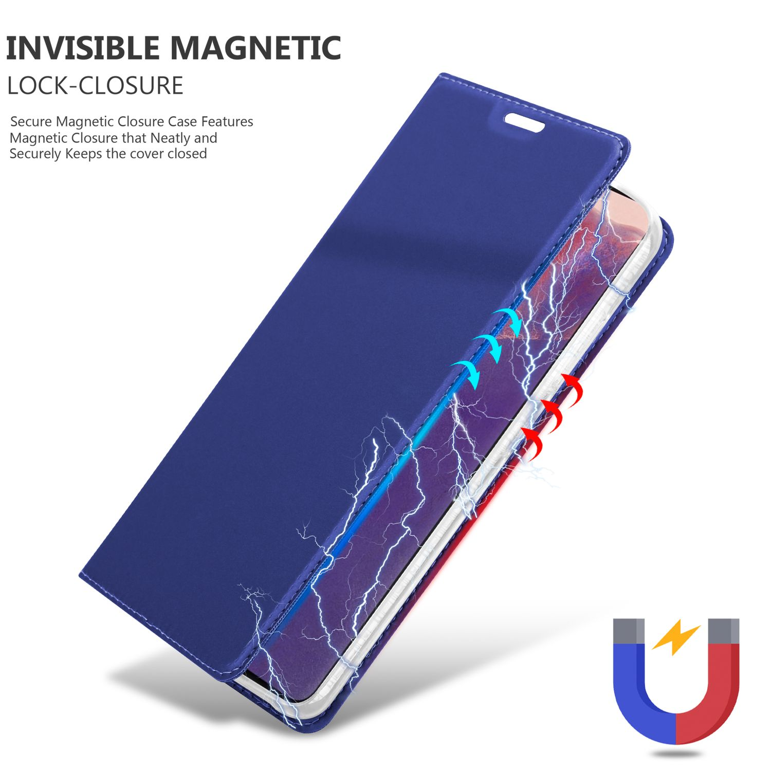 Una custodia per telefono blu con chiusura magnetica è mostrata su sfondo bianco.