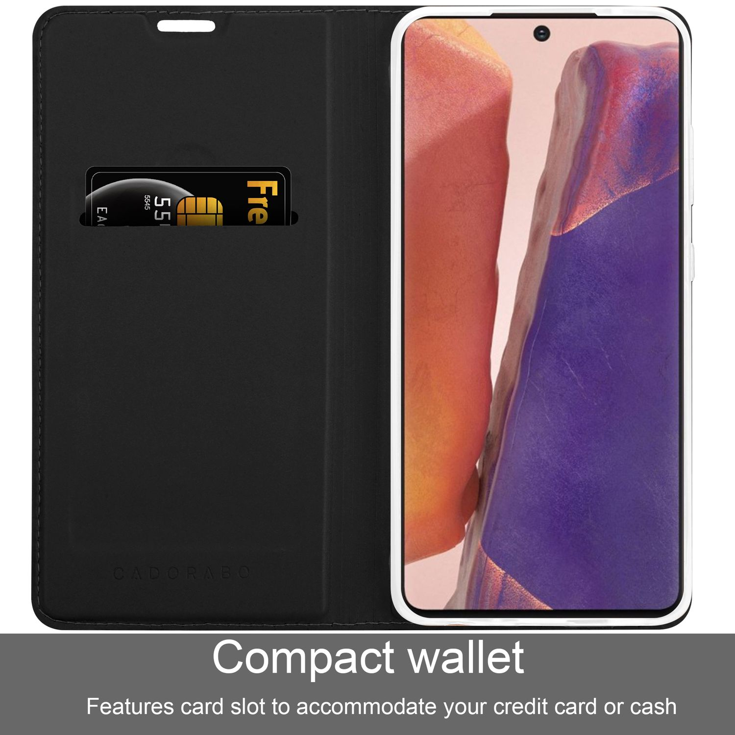 Custodia nera per telefono con fessura per carta di credito, che tiene un telefono con display arancione e viola.