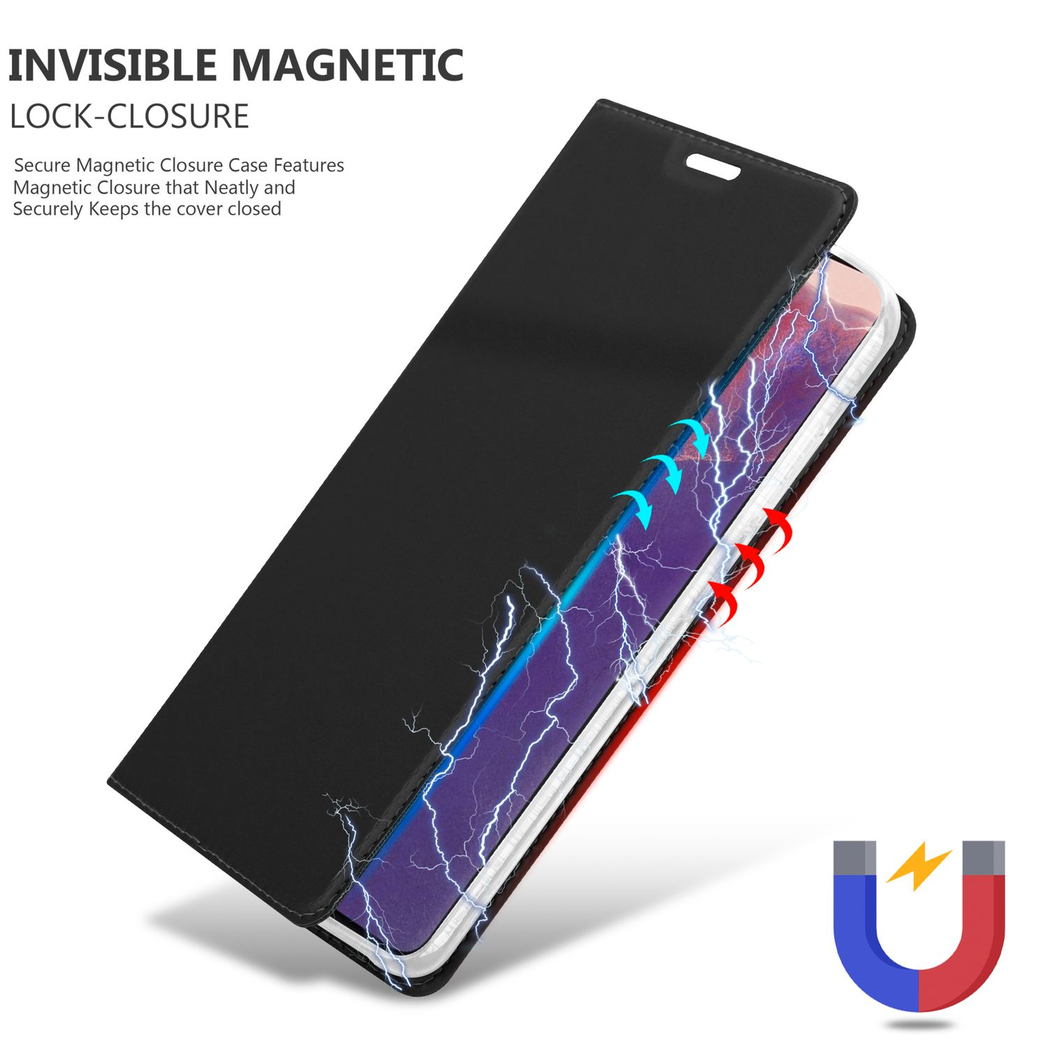 Custodia per telefono nera con chiusura magnetica. È aperta, rivelando il telefono all'interno.