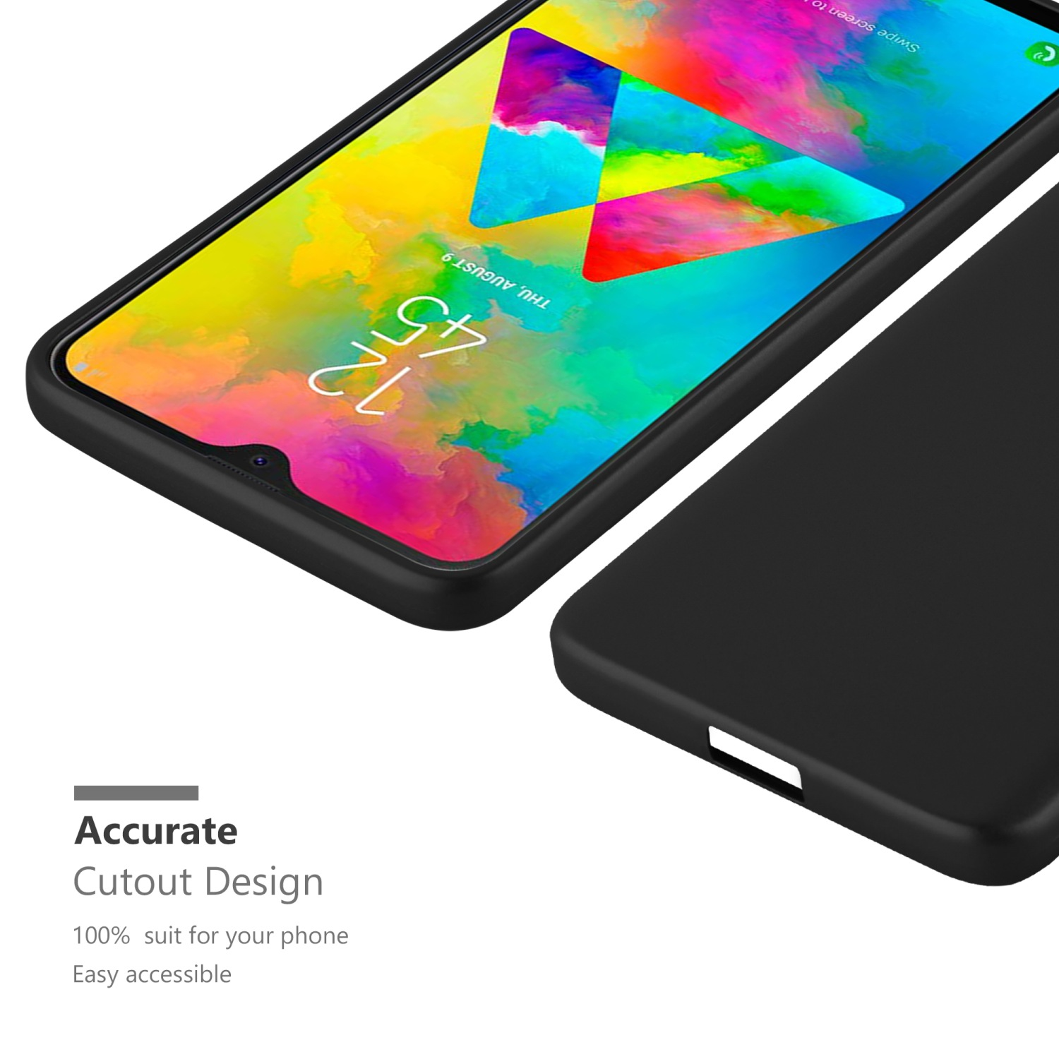 Custodia per telefono nera con uno schermo che mostra un'immagine colorata e testo.