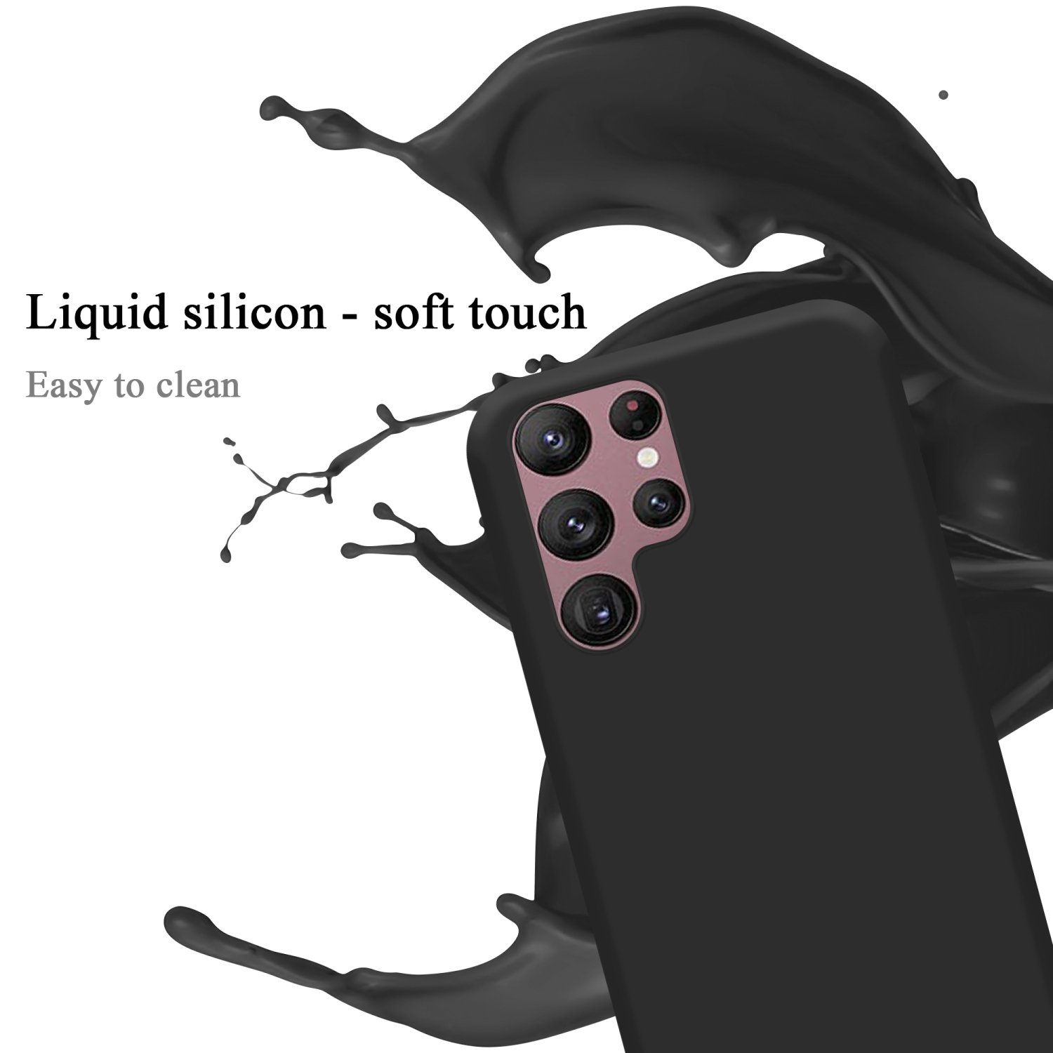 Schwarze Handyhülle mit schwarzem Flüssigkeitsspritzer im Hintergrund.