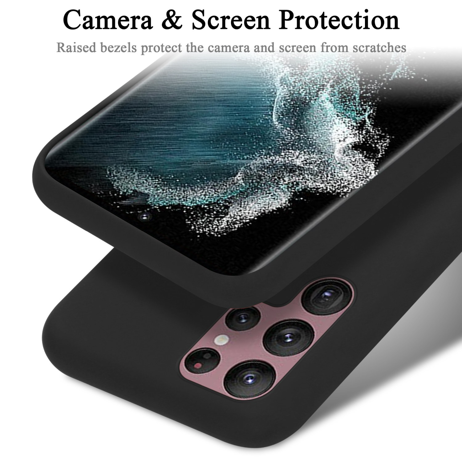 Schwarze Handyhülle auf einem Telefon mit erhöhten Kanten. Der Bildschirm zeigt ein verschwommenes Bild.