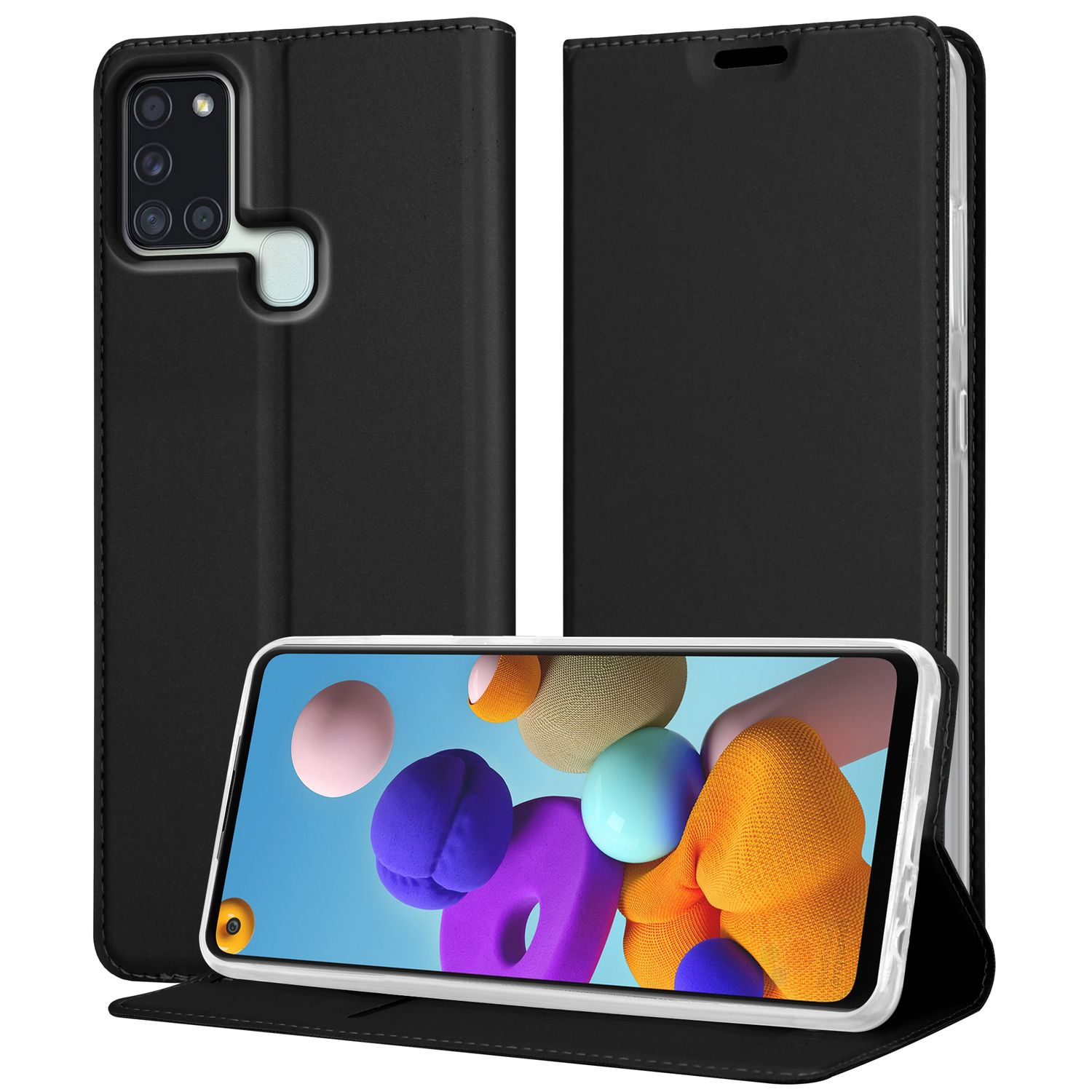 Custodia nera con telefono all'interno, che mostra forme colorate sullo schermo.
