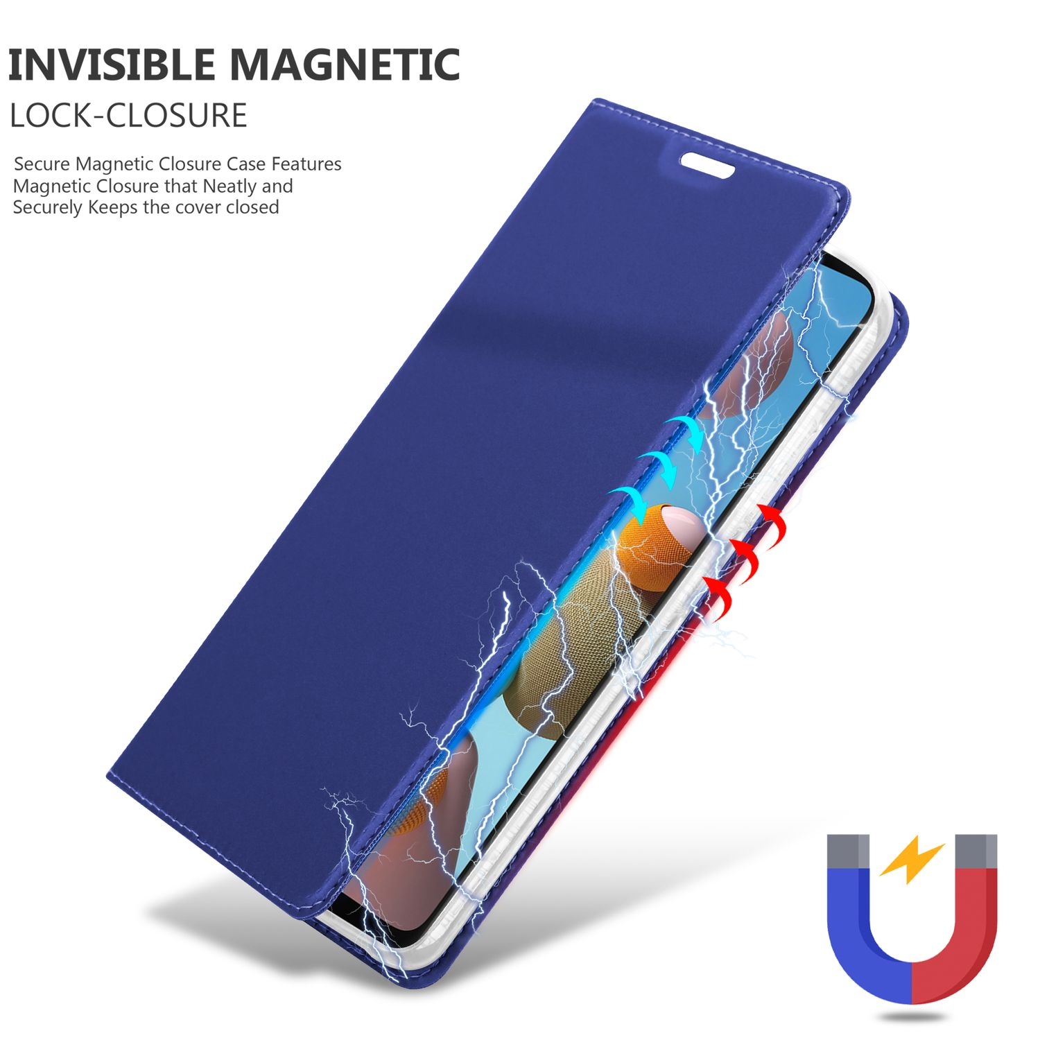 Custodia del telefono blu aperta, telefono all'interno. Testo: CHIUSURA MAGNETICA INVISIBILE. Icona del magnete a forma di U.