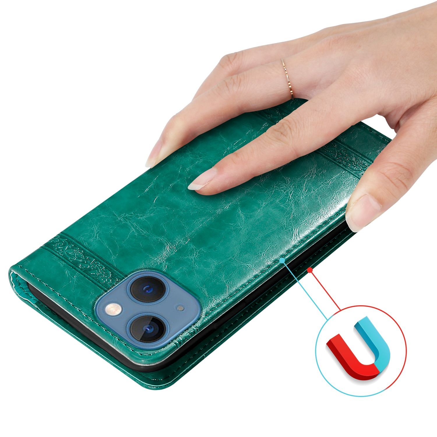 Eine Hand, die eine grüne Handyhülle hält, ein Telefon befindet sich darin. Rotes und blaues Magnetsymbol.