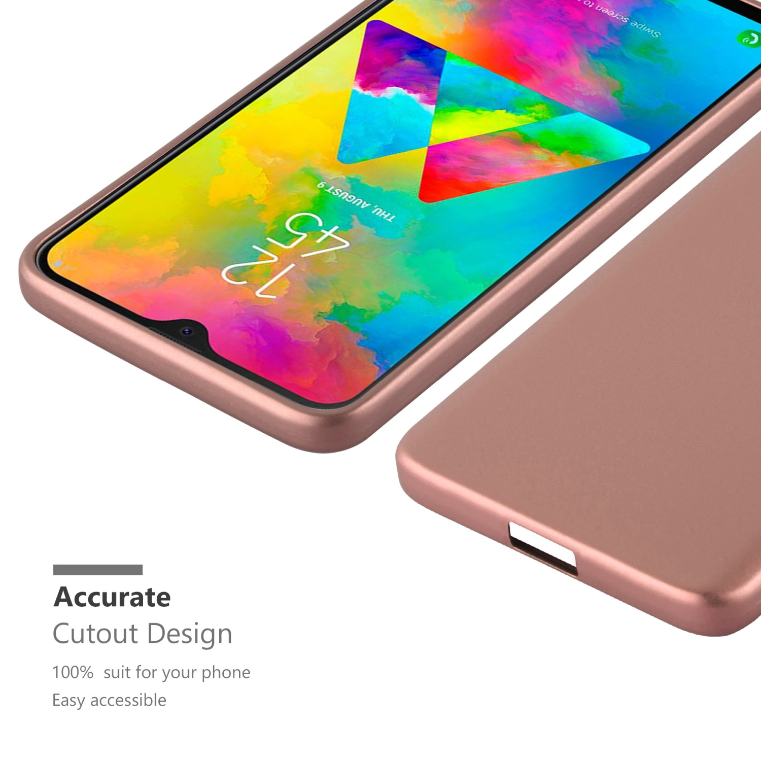 Primo piano di una custodia oro rosa per telefono con design ritagliato e telefono.