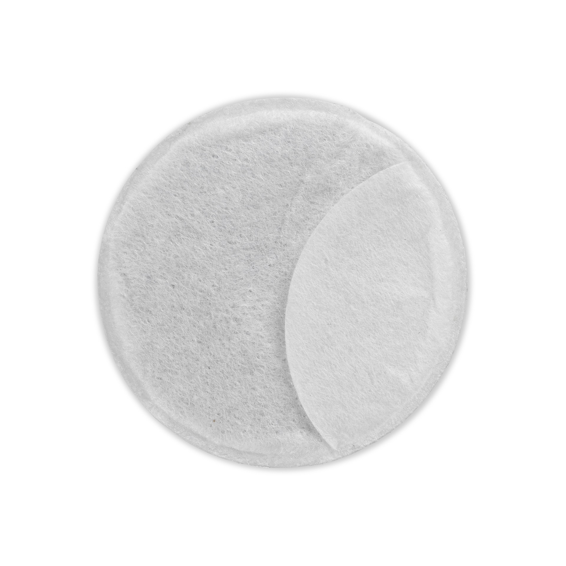 A round, white, non-woven fabric pad with a crescent shaped cutout.