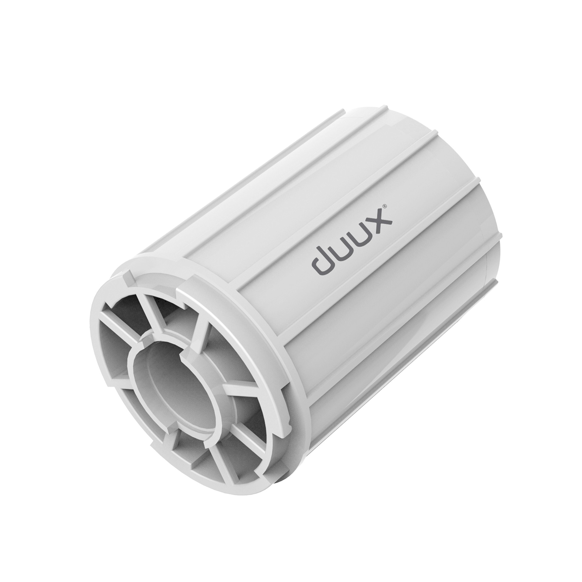 Un objet cylindrique blanc avec une étiquette de marque Duux.