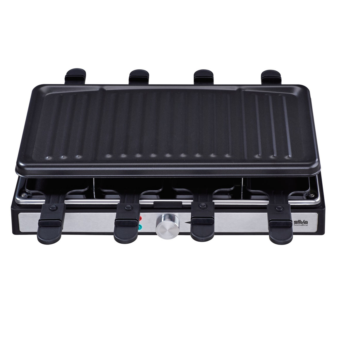Raclette-Grill mit schwarzer Grillfläche und silbernem Sockel.