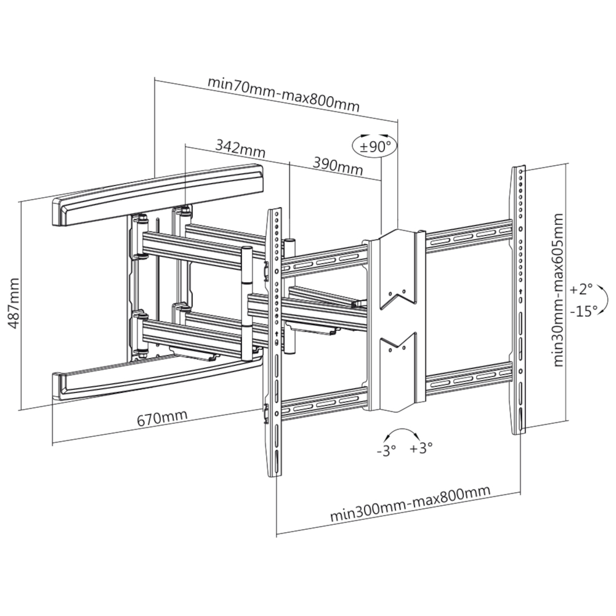 Diagramm einer TV-Wandhalterung mit Abmessungen und Winkeln für die Installation.