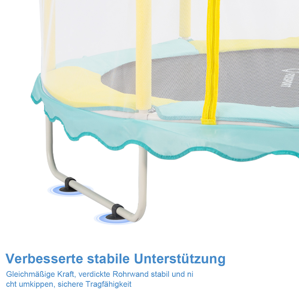 Nahaufnahme der Basis eines Trampolins. Zeigt Beine und Stützpolster. Text lautet: 'Verbesserte stabile Unterstützung'.