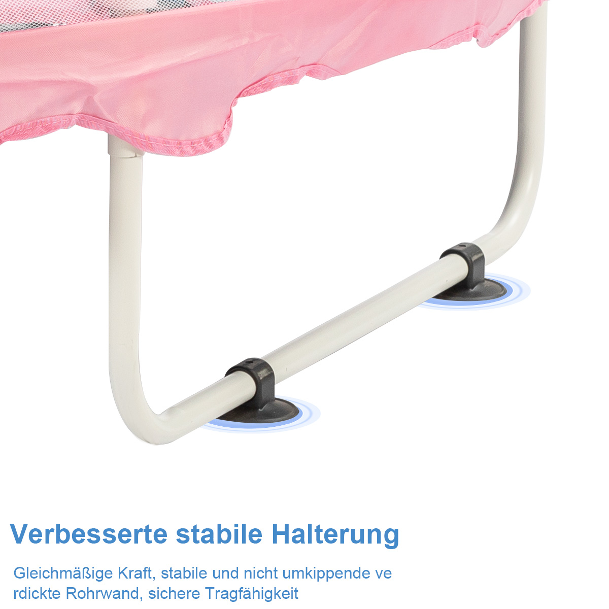 Rosa-weiße Baby-Laufstallbasis. Schwarze Saugnäpfe sind sichtbar.