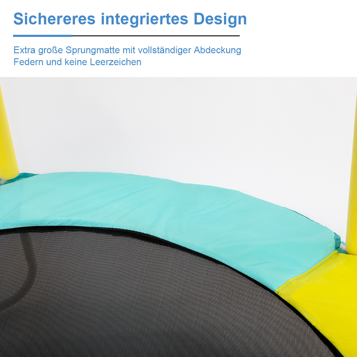 Nahaufnahme eines Trampolins mit blauem und gelbem Rand und einem schwarzen Netz.
