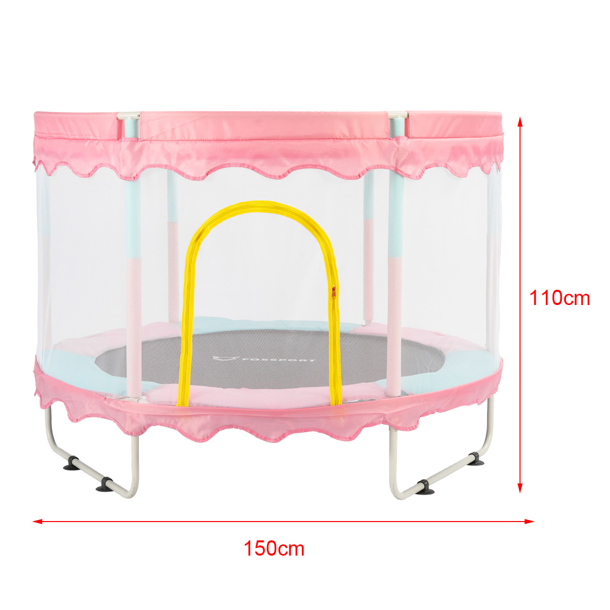 Ein rosa und blaues Trampolin mit Netz und gelbem, bogenförmigem Stützpfosten.