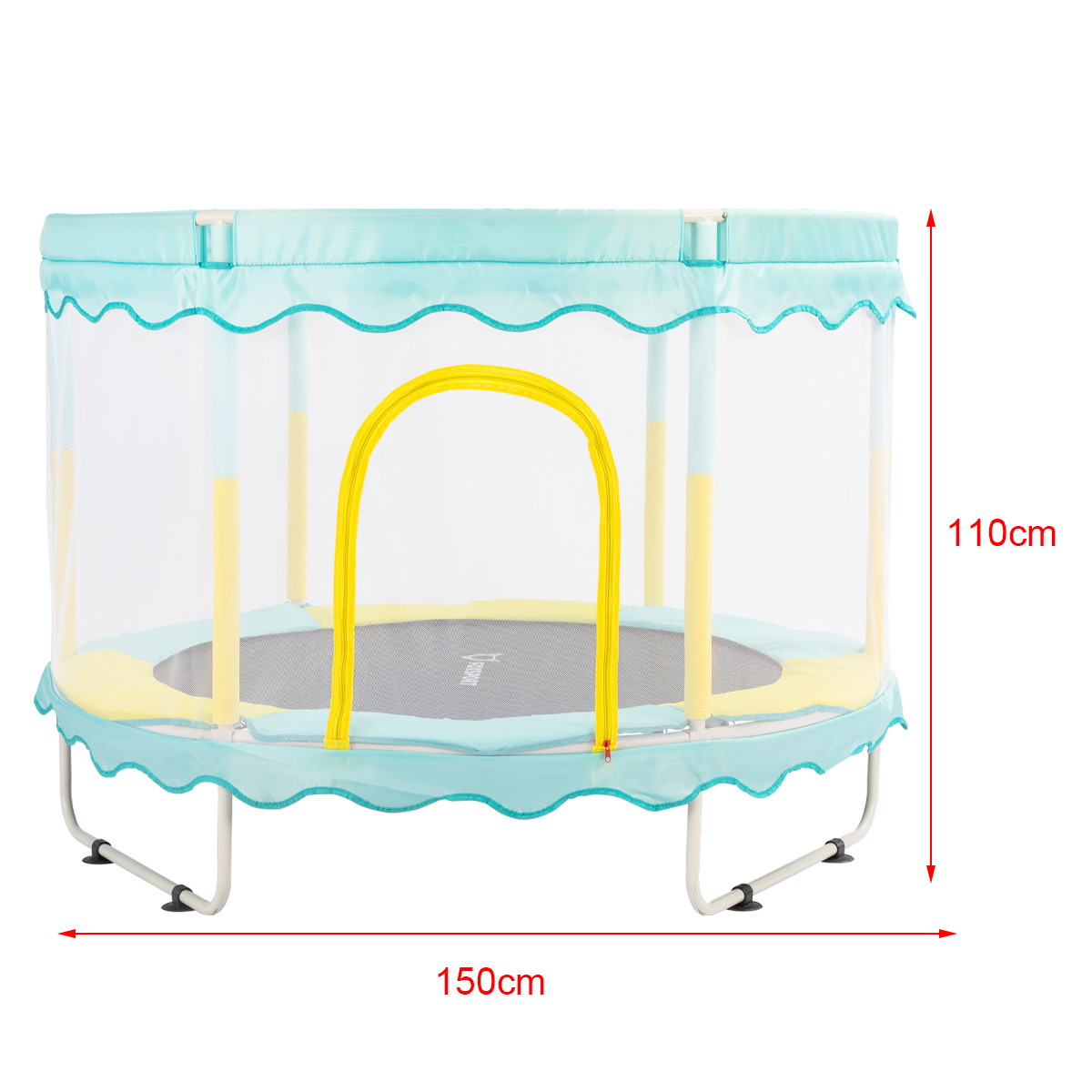 Ein blau-gelbes Trampolin mit Sicherheitsnetz. Die Abmessungen betragen 150x110cm.