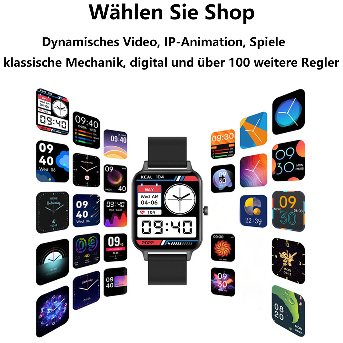 Eine Smartwatch mit vielen verschiedenen Schnittstellendesigns. Auch Text auf Deutsch.