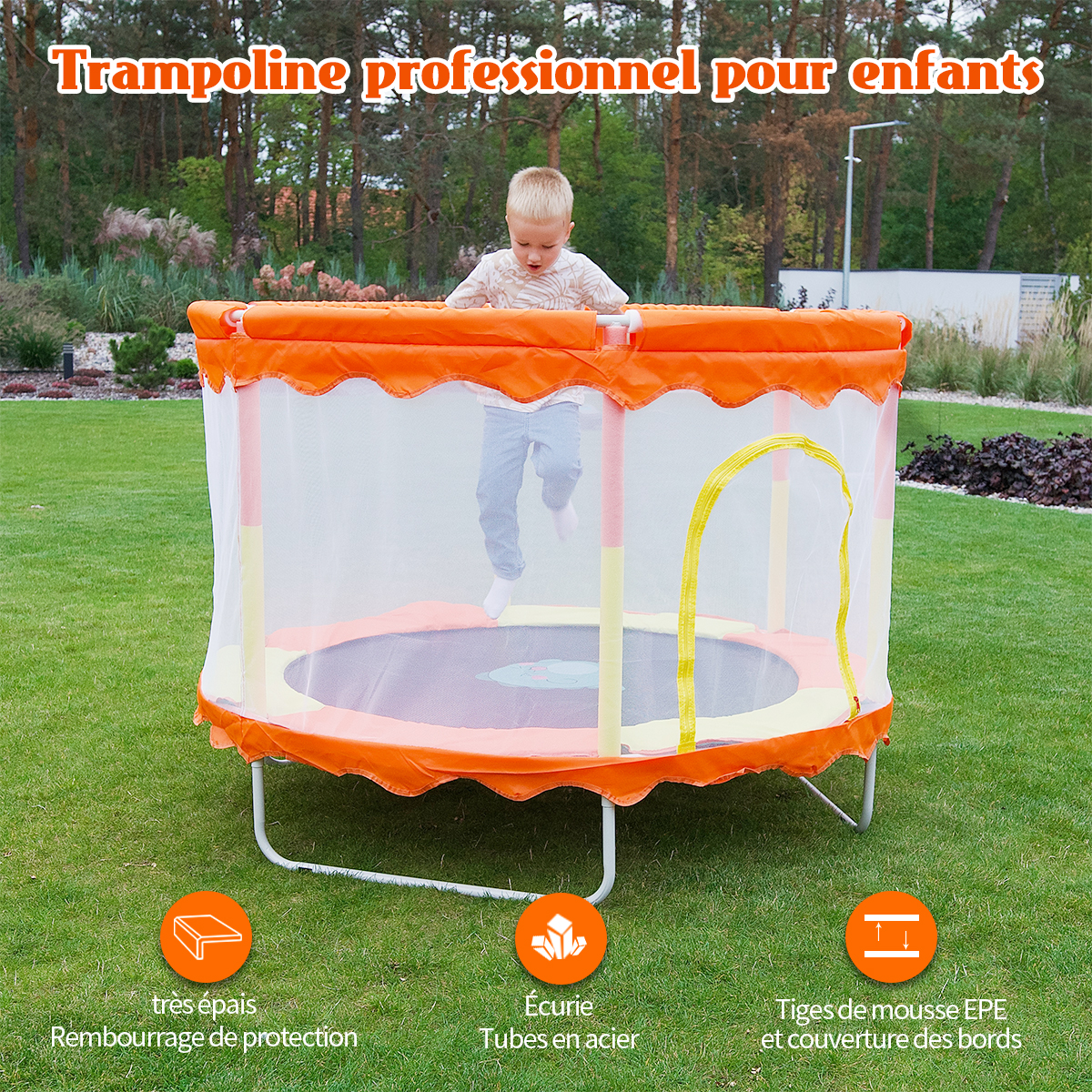 Junge springt auf orangefarbenem Trampolin mit Sicherheitsnetz. Grüner Rasenhintergrund. Text: 'Trampolin für Kinder'.