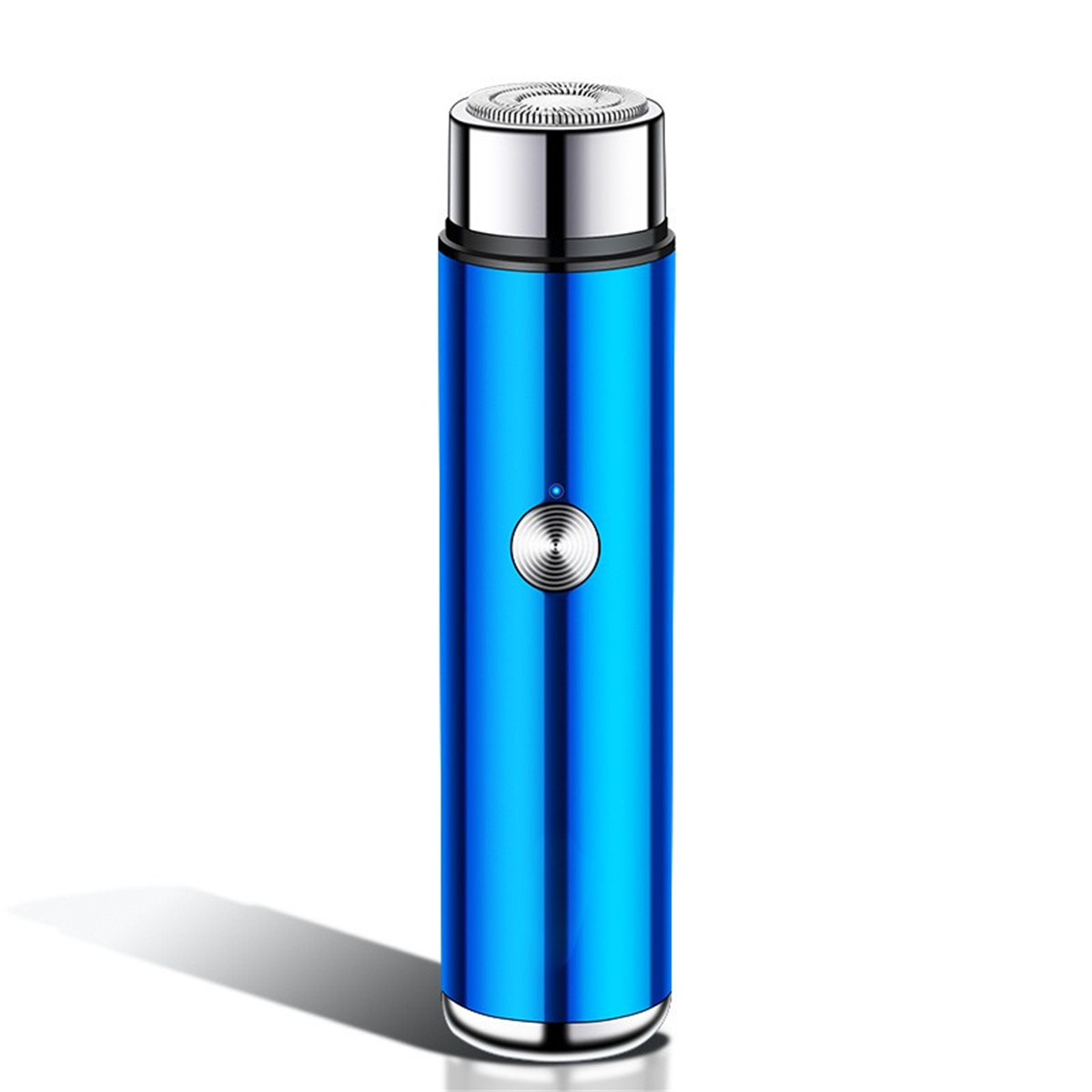 Ein blauer, zylindrischer Elektrorasierer mit silbernem Ober- und Unterteil, auf weißem Hintergrund.