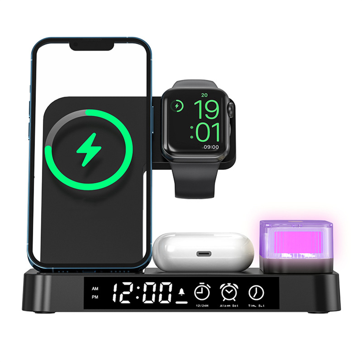 Uhranzeige, kabelloses iPhone, Alarmeinstellung - 3-in-1-Ladegerät Faltbares Weiß RGB-Nachtlicht, Ladegerät ENBAOXIN