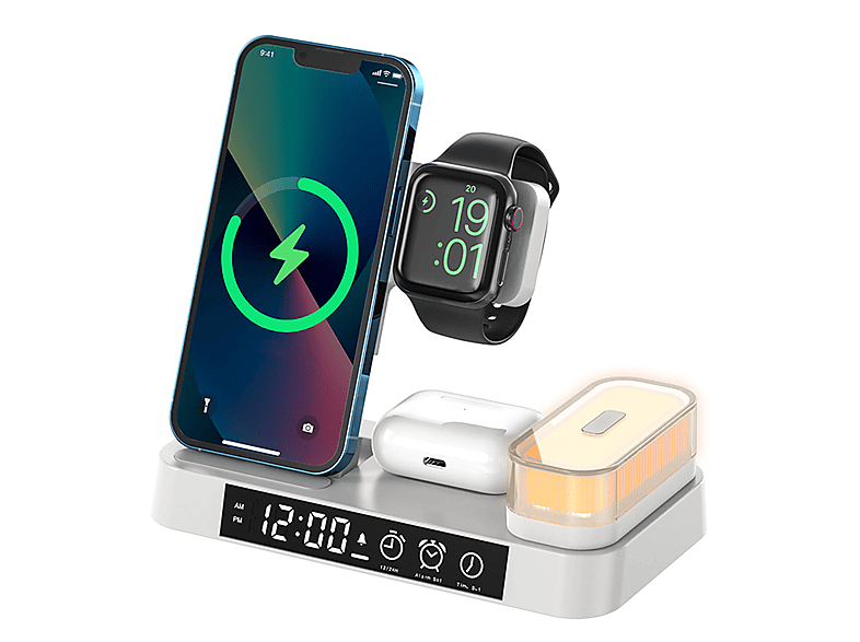 Uhranzeige, kabelloses iPhone, Alarmeinstellung - 3-in-1-Ladegerät Faltbares Weiß RGB-Nachtlicht, Ladegerät ENBAOXIN