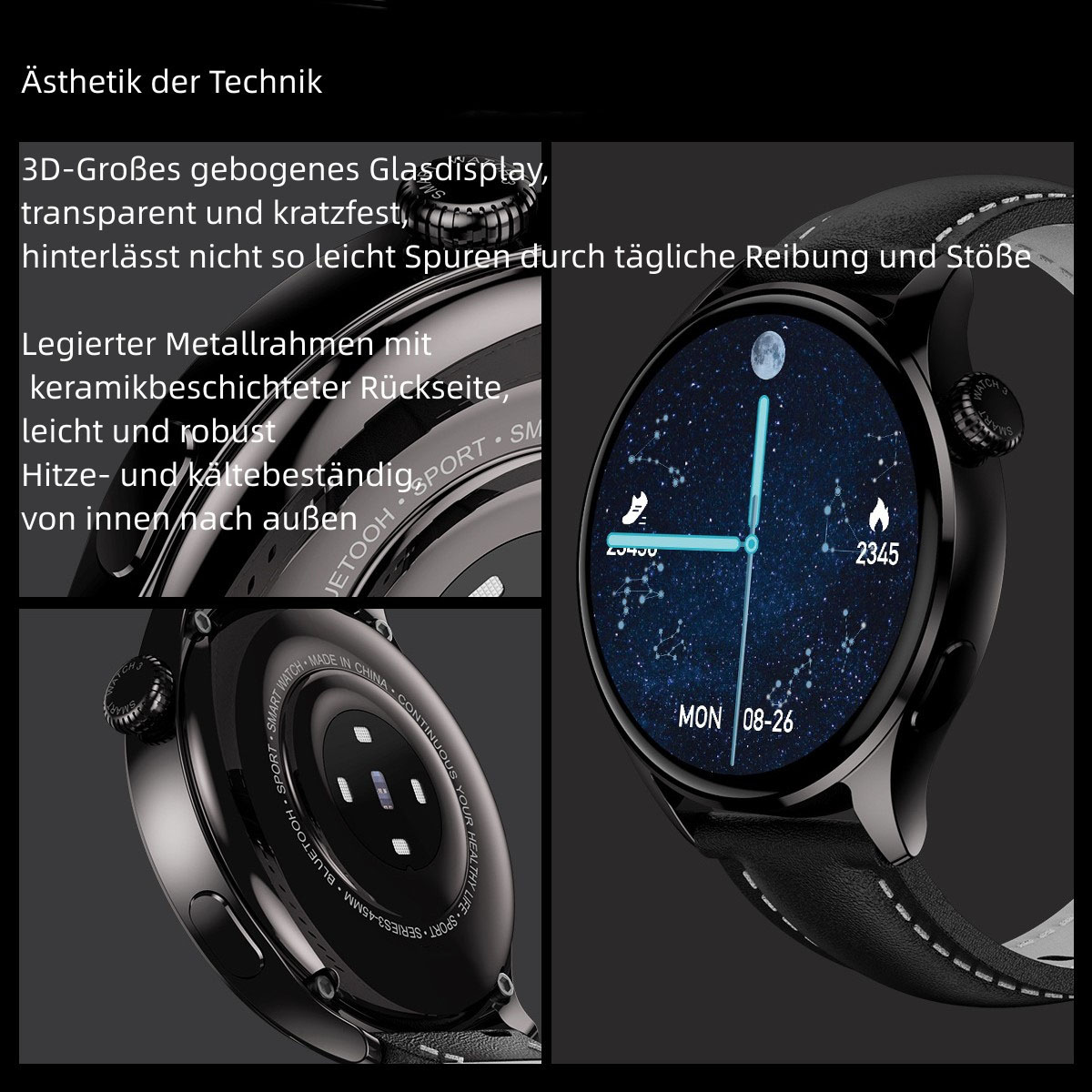 Nahaufnahme einer schwarzen Smartwatch mit rundem Zifferblatt, das Zeit und andere Daten anzeigt.