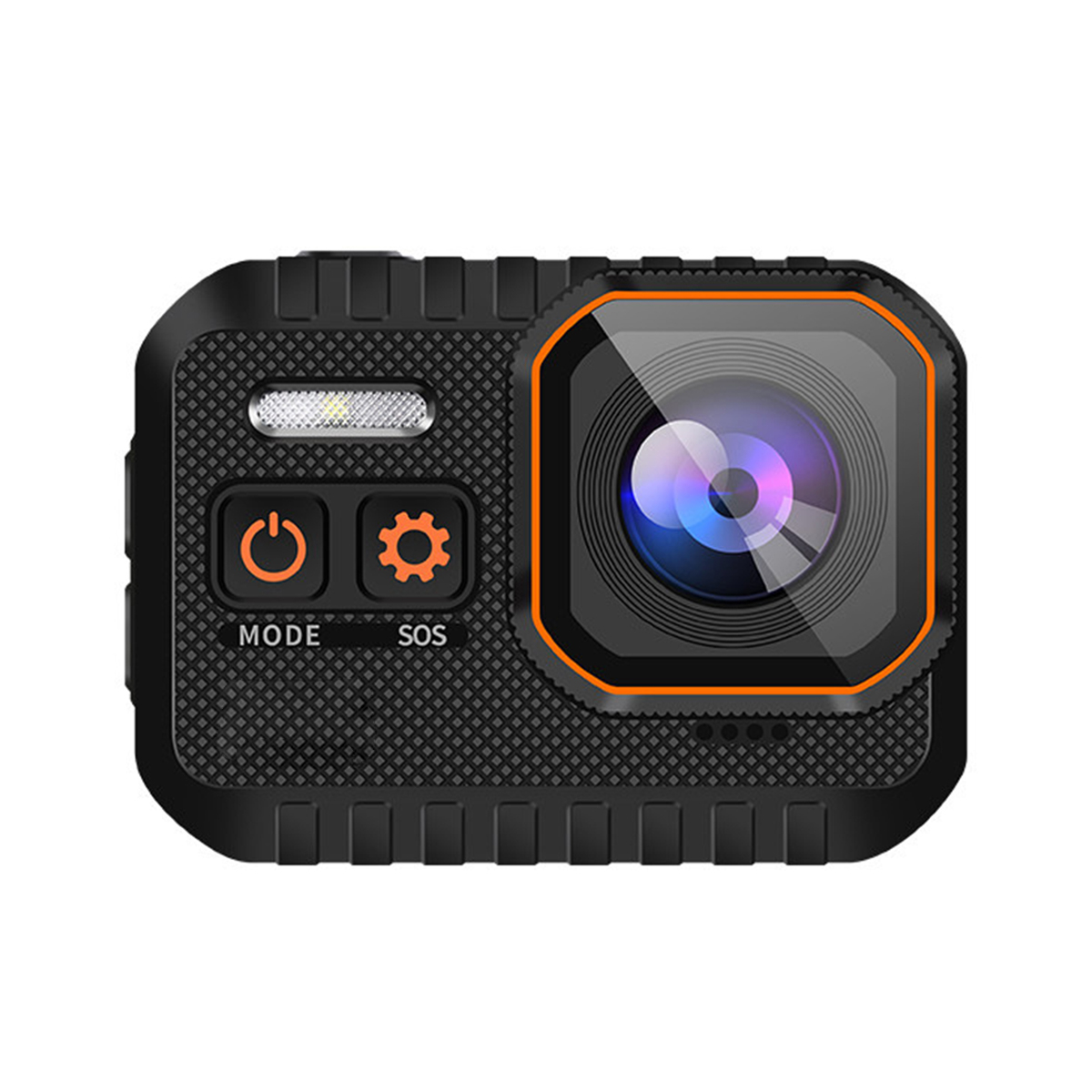 Eine schwarze Action-Kamera mit orangefarbenen Knöpfen, einem Objektiv und den Wörtern 'MODE' und 'SOS'.
