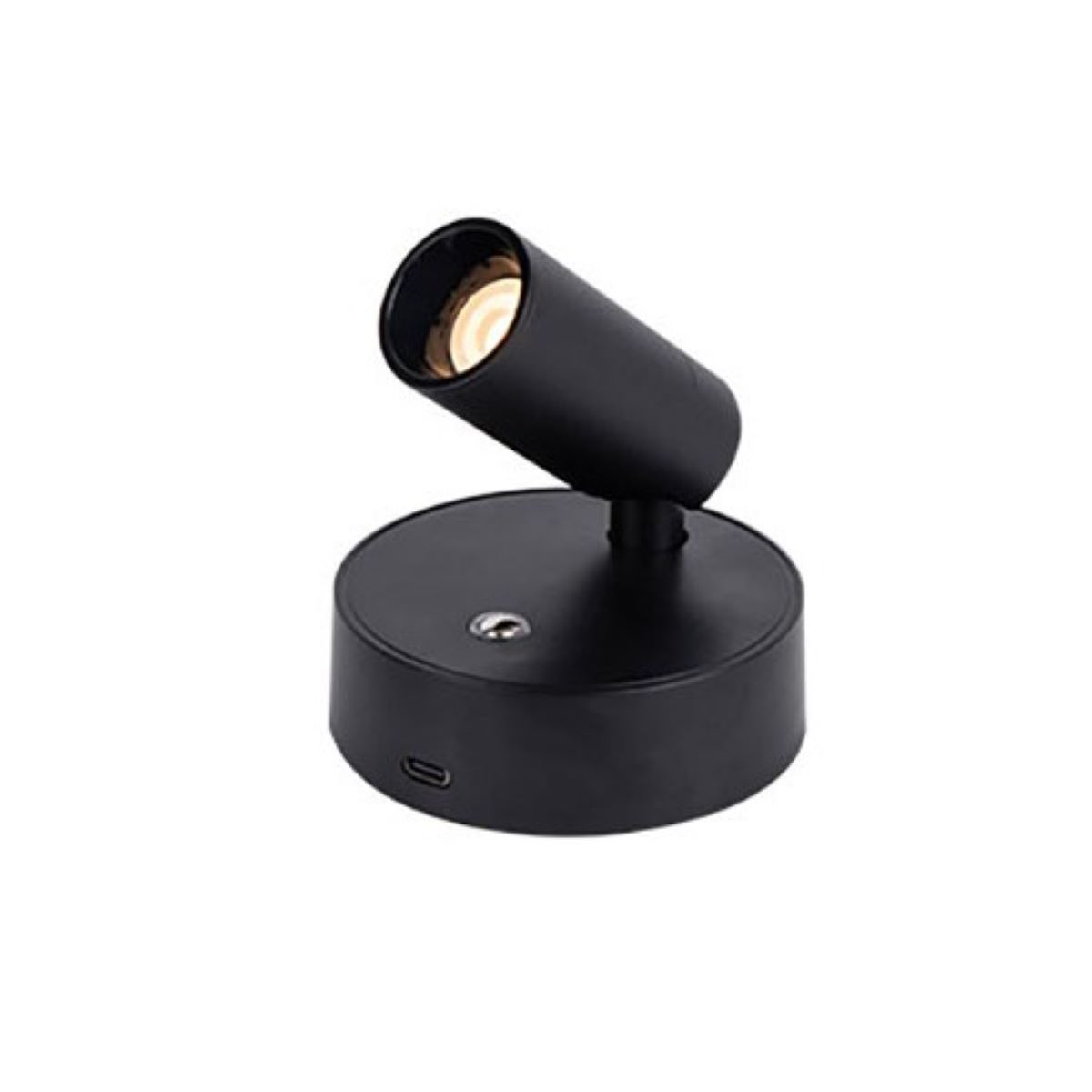 Eine schwarze Lampe mit einem zylindrischen Kopf, der geneigt werden kann, auf einem runden Sockel.