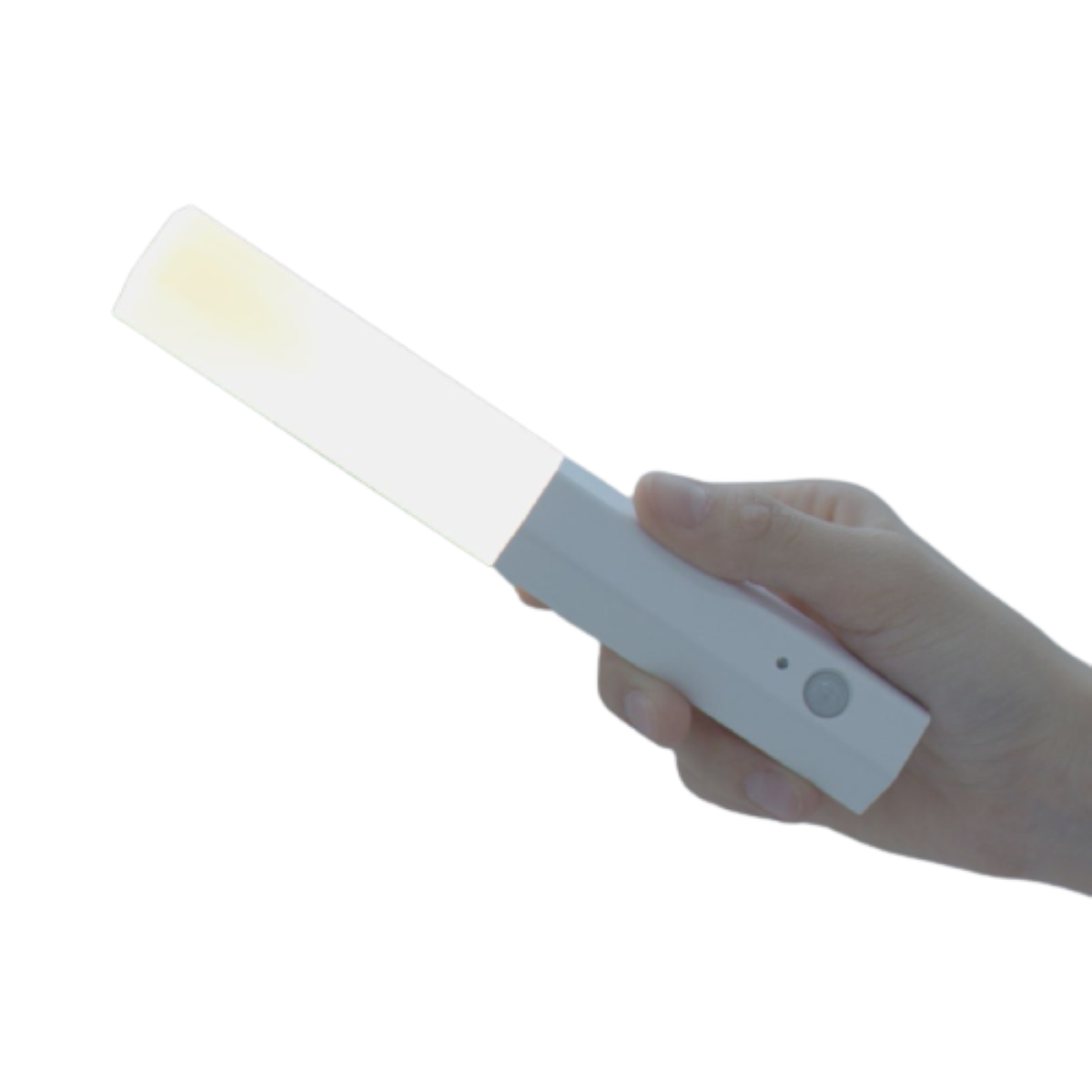 Eine Hand hält ein weißes, rechteckiges LED-Licht. Es ist eingeschaltet und leuchtet hell.
