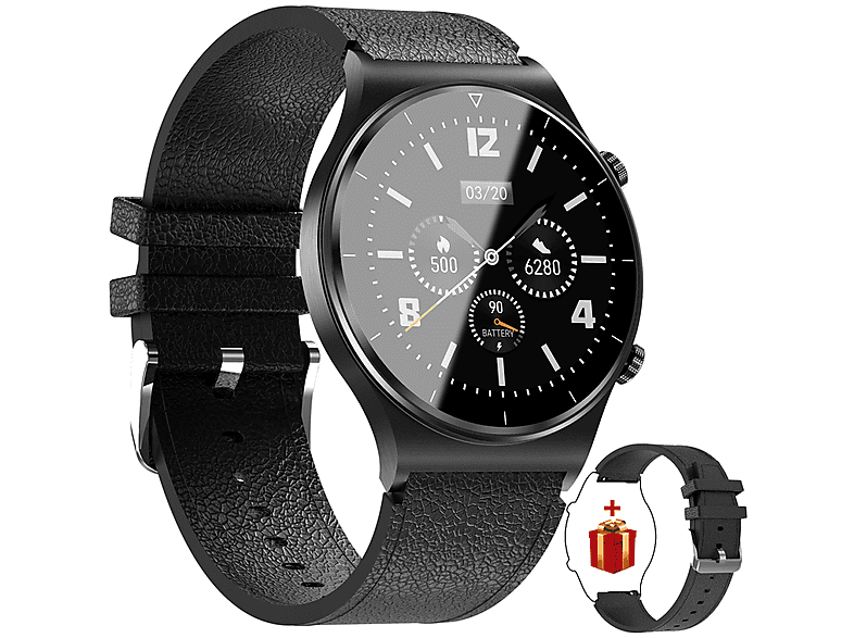 IP67 GT08 HAMTOD leather, Smartwatch Schwarz
