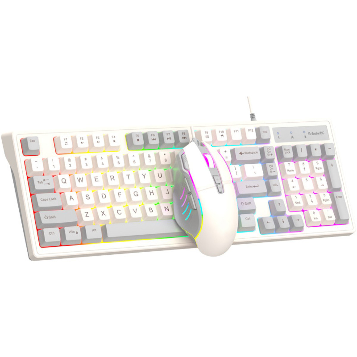 Weißes Gaming-Set mit Tastatur und Maus mit bunten Lichtern. Die Maus ist rechts.