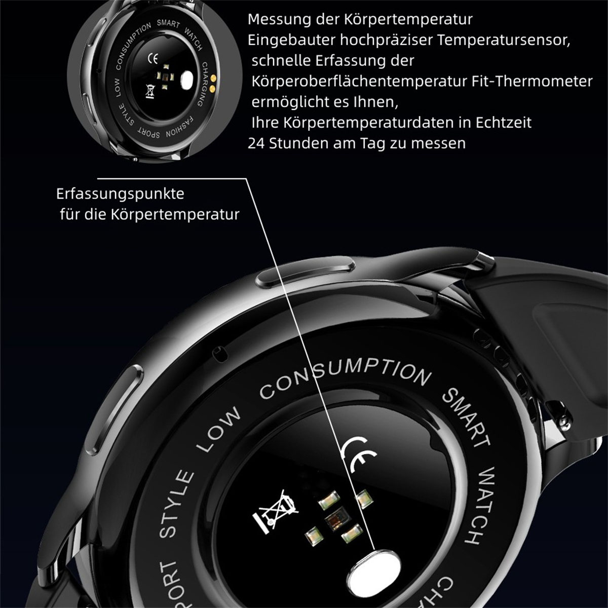 Schwarze Smartwatch mit Temperatursensoren auf der Unterseite. Nahaufnahme. Text: Smart Watch.